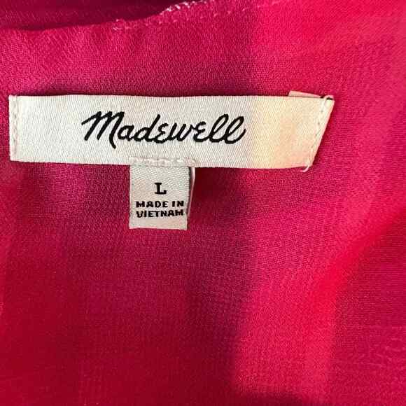 Madewell Plaid Puff-Sleeve Top Women's Sz L Bold Pink Textural Sheer Style MC052 - Picture 6 of 8